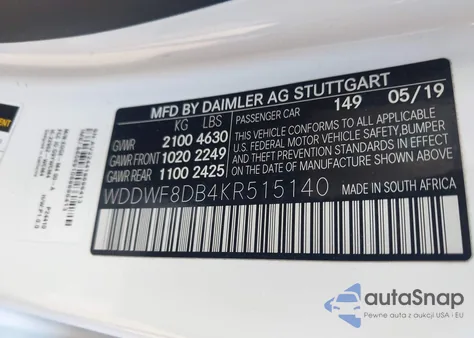 2019 Mercedes-Benz C 300 from USA, damaged, VIN WDDWF8DB4KR515140